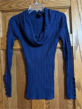 It's Our Time Ribbed Cowl Neck Sweater in Deep Navy